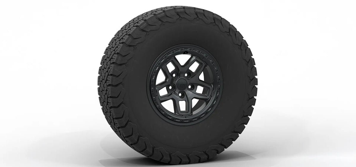 Black tire with a detailed tread pattern on a white background | Satin Black Finish with Hardware Kit