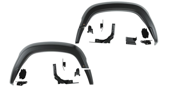 Set of car fender and bumper parts on a white background | Front HighMark Fender Flares & Hardware