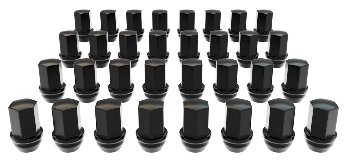Set of black lug nuts on a white background | 32 Lug Nut Kit